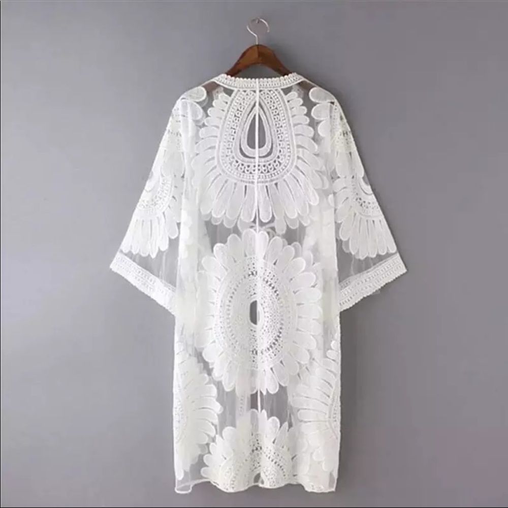 New! White Boho Floral Lace Kimono Beach Coverup - Picture 3 of 13